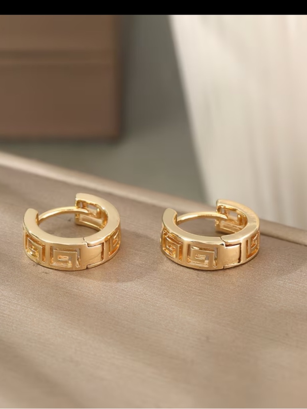 Gold Greek Key Hoop Earrings - Women Jewelry - Picture 2 of 3